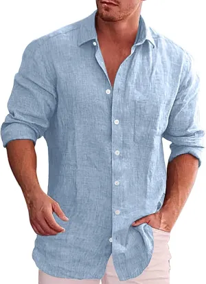 Button Down Linen Shirts for Men Casual Long Sleeve Regular Fit Cotton Beach Tops with Pocket Summer Vacation T-Shirt