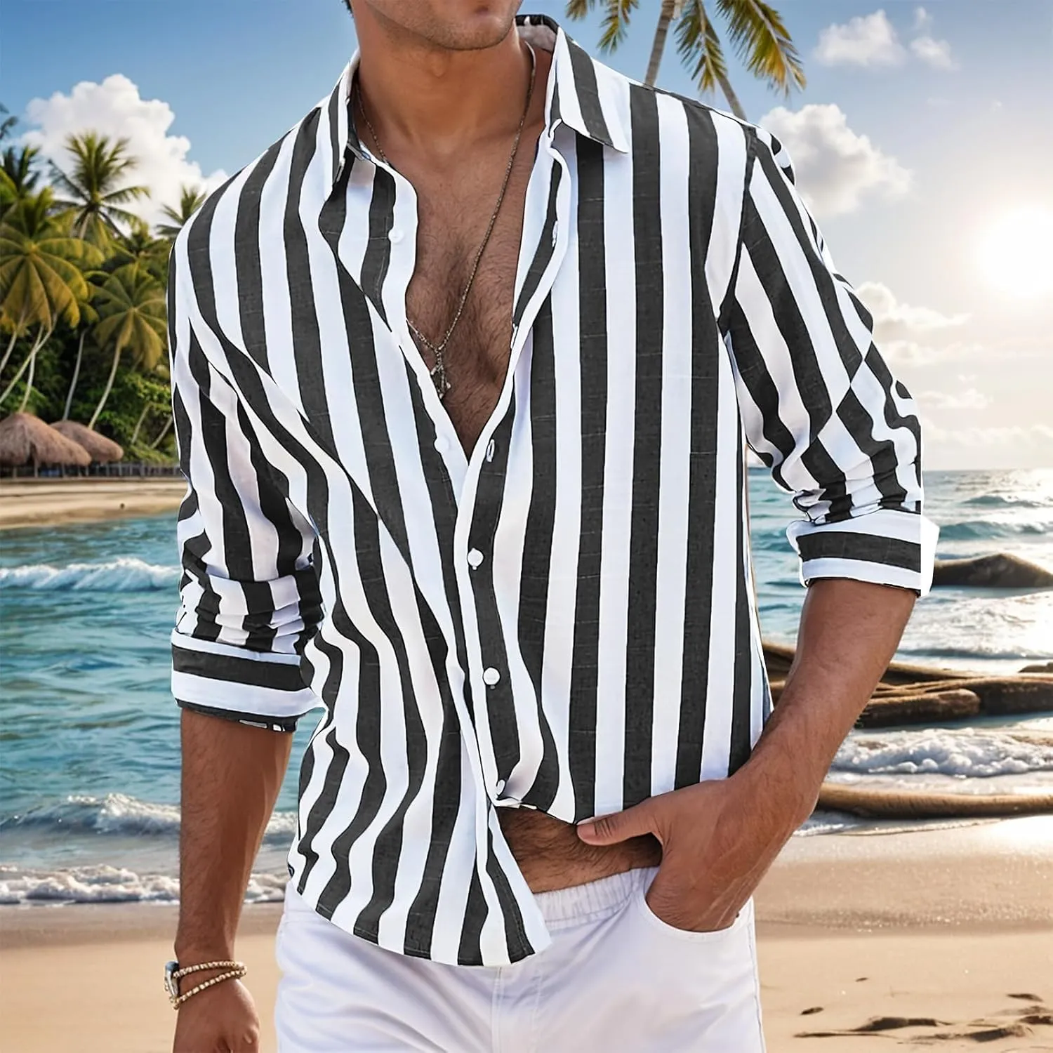 Button Down Linen Shirts for Men Striped Loose Fit Casual Long Sleeve Tops Cotton Linen Spring Summer Beach Shirts