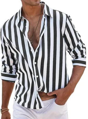 Button Down Linen Shirts for Men Striped Loose Fit Casual Long Sleeve Tops Cotton Linen Spring Summer Beach Shirts