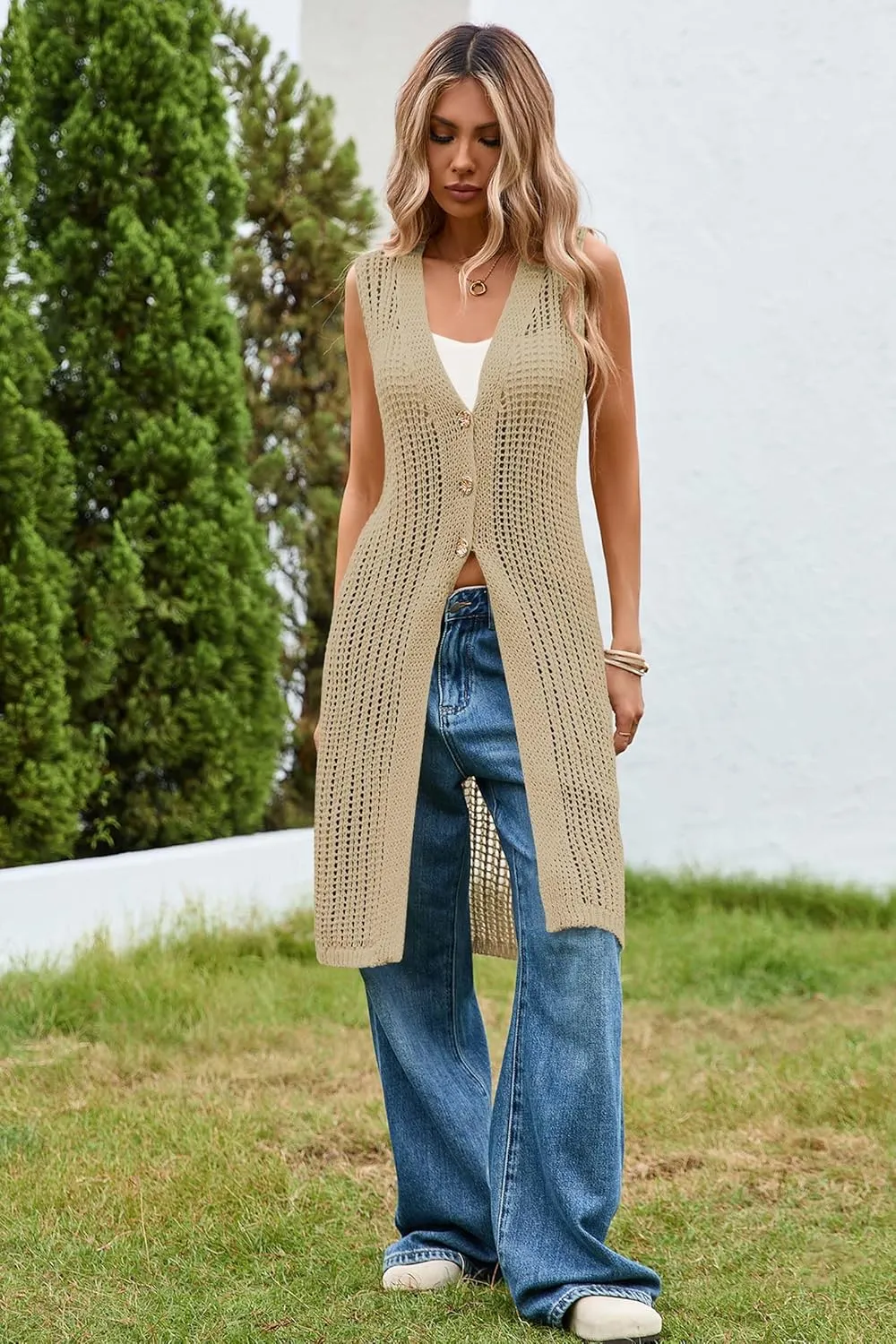 Cakulo Womens Sleeveless Crochet Cardigans Beach Cover Up 2025 Summer Long Knit Sweater Vest Tops
