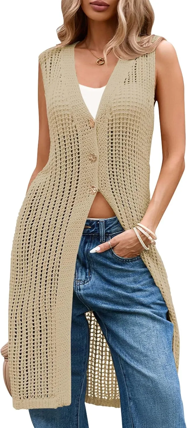 Cakulo Womens Sleeveless Crochet Cardigans Beach Cover Up 2025 Summer Long Knit Sweater Vest Tops