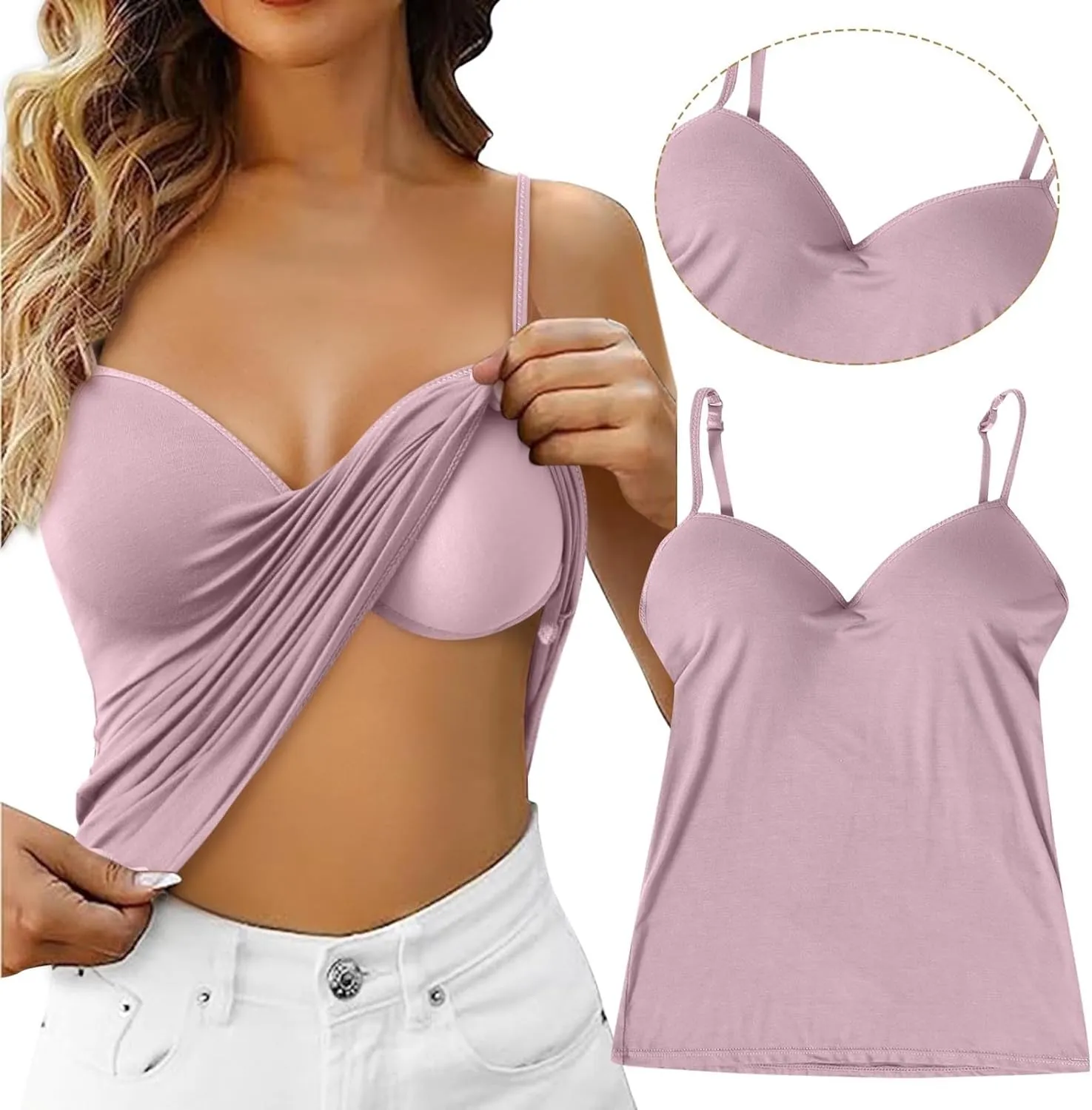 Camisole Tops for Women Built in Bra Adjustable Spaghetti Strap Shelf Bra Tank Tops Wireless Yoga Workout Padded Cami