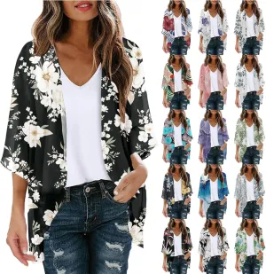 Cardigan for Women Lightweight Summer Floral 3/4 Sleeve Duster Cardigans Casual Comfort Open Front Kimonos Cover Up Blouse