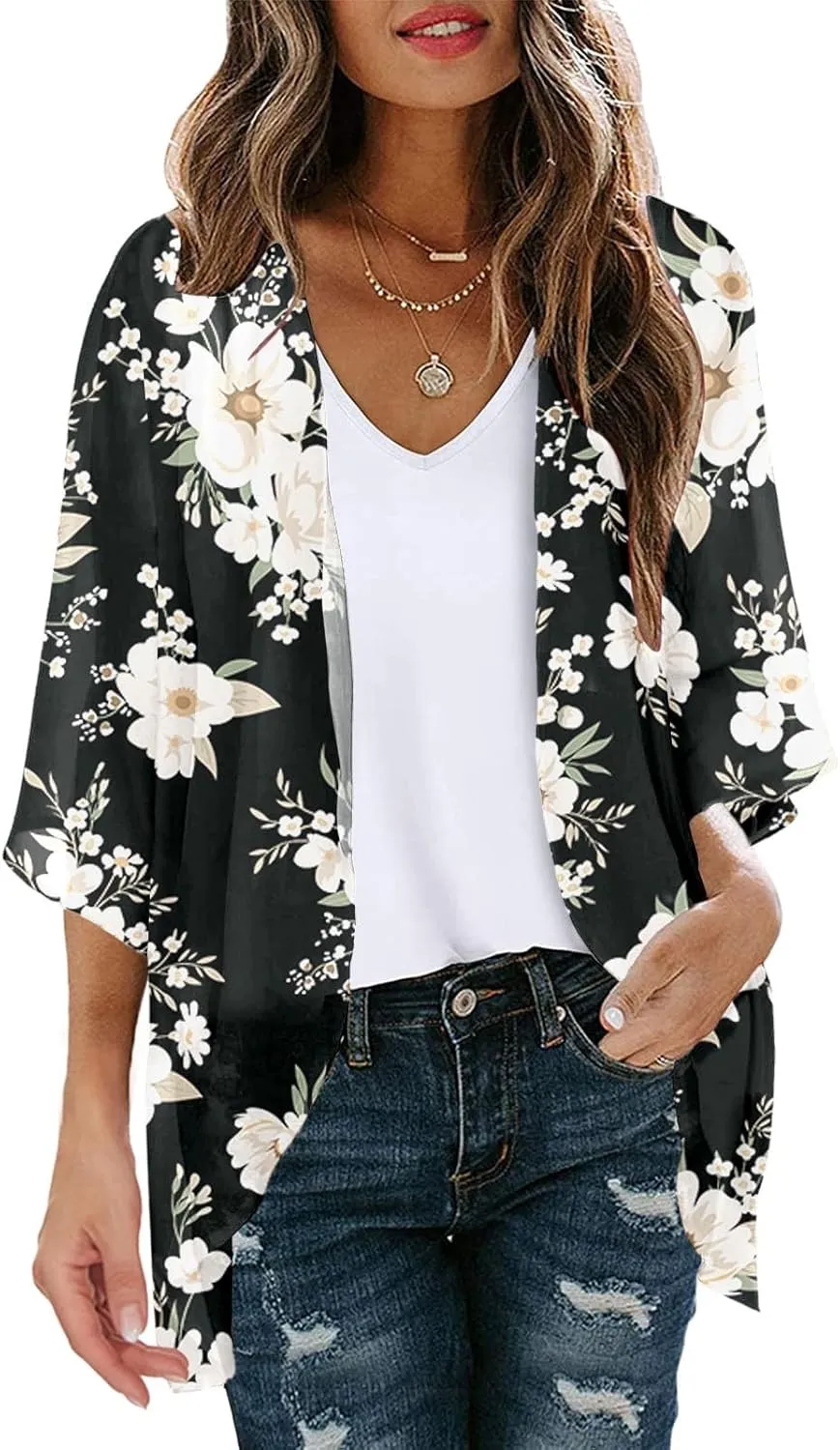 Cardigan for Women Lightweight Summer Floral 3/4 Sleeve Duster Cardigans Casual Comfort Open Front Kimonos Cover Up Blouse