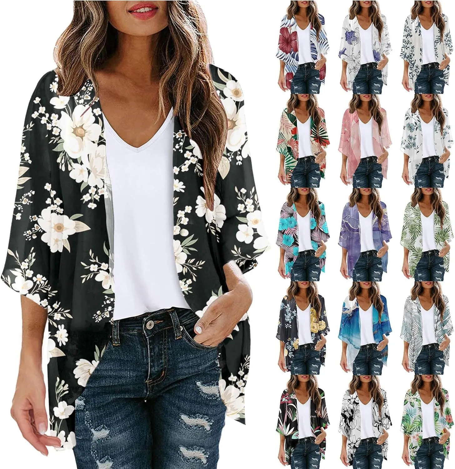 Cardigan for Women Lightweight Summer Floral 3/4 Sleeve Duster Cardigans Casual Comfort Open Front Kimonos Cover Up Blouse