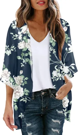 Cardigan for Women Lightweight Summer Floral 3/4 Sleeve Duster Cardigans Casual Comfort Open Front Kimonos Cover Up Blouse