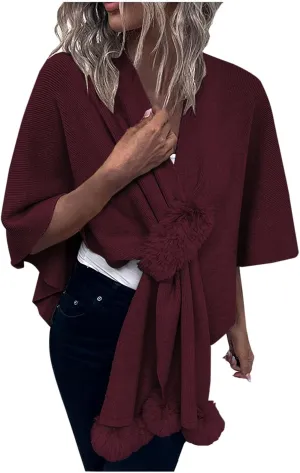 Cardigan for Women Winter Cloak Shawl Wraps Faux Fur Pompoms Irregular Hem Cape Warm Open Front Knit Sweater Shawls