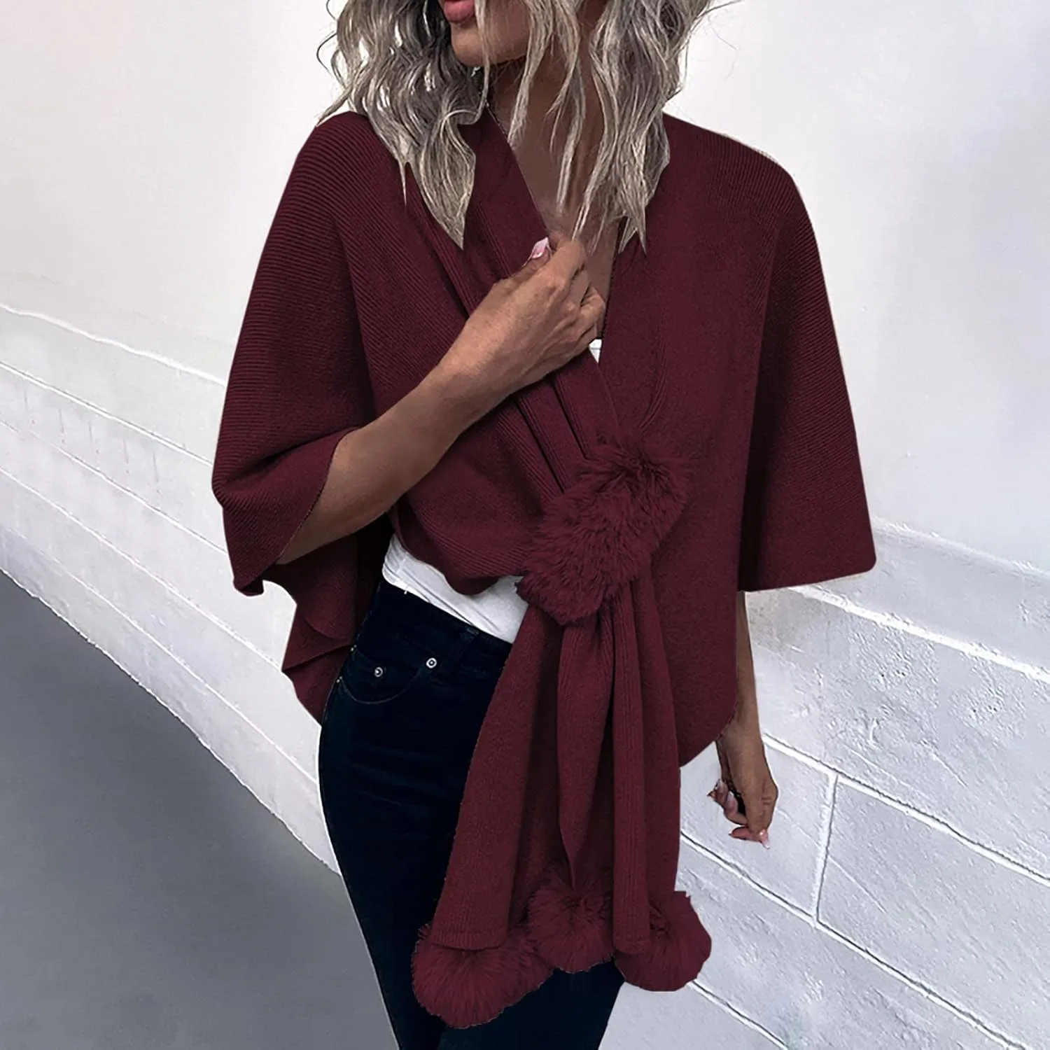 Cardigan for Women Winter Cloak Shawl Wraps Faux Fur Pompoms Irregular Hem Cape Warm Open Front Knit Sweater Shawls
