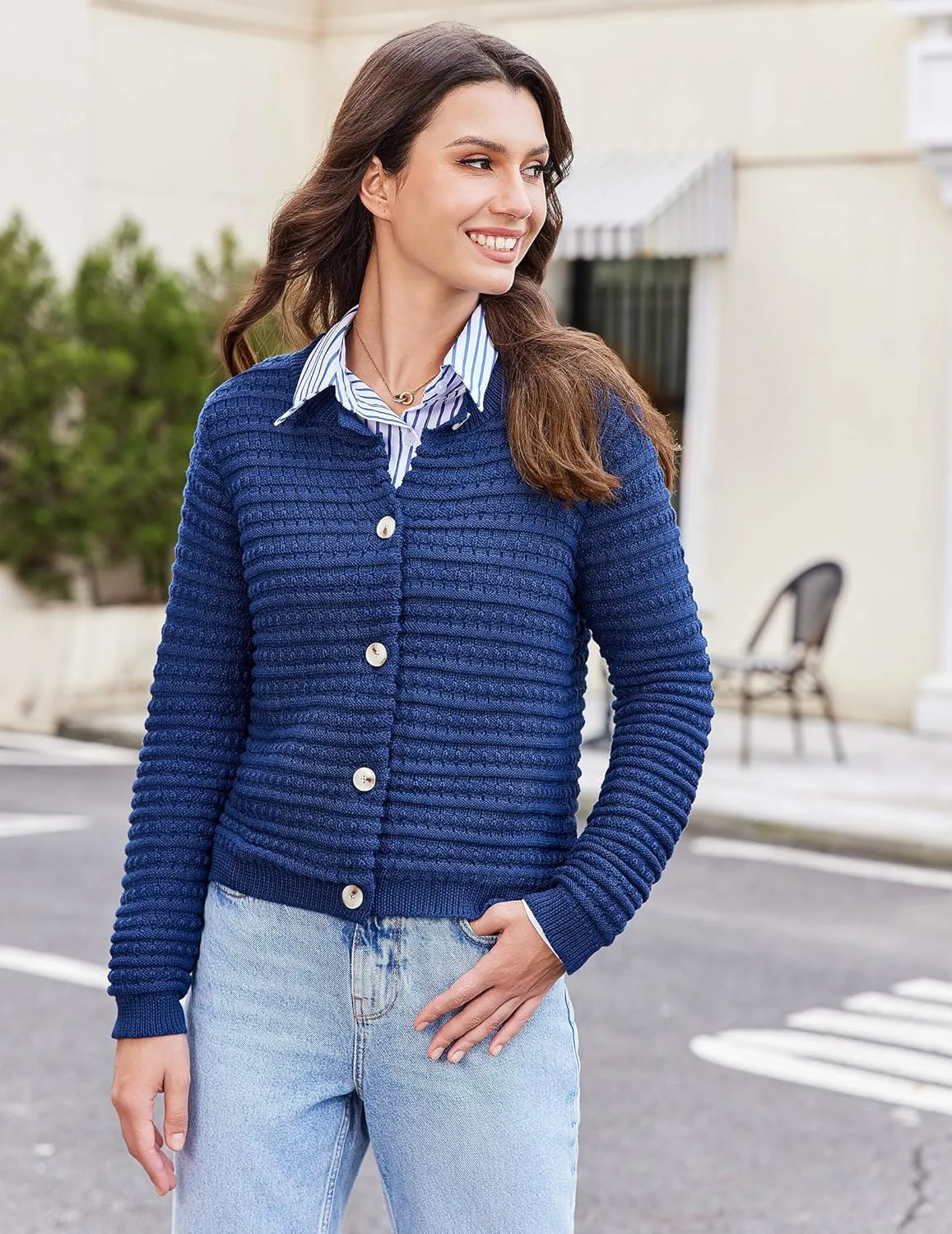 Cardigan Sweaters for Women Open Front Casual Long Sleeve Sweater Coat Trendy Button Down Cropped Jackets