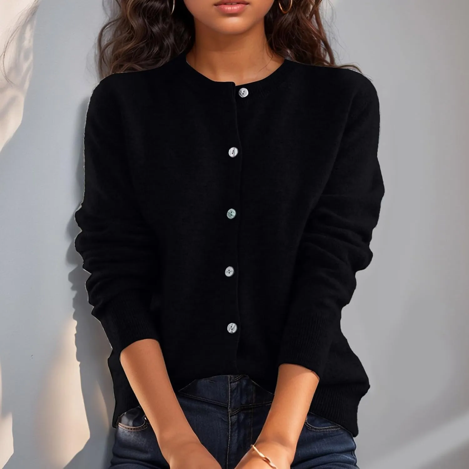 Cardigan Sweaters for Women Trendy Long Sleeve Crewneck Button Down Cashmere Sweaters Loose Lightweight Knit Sweater