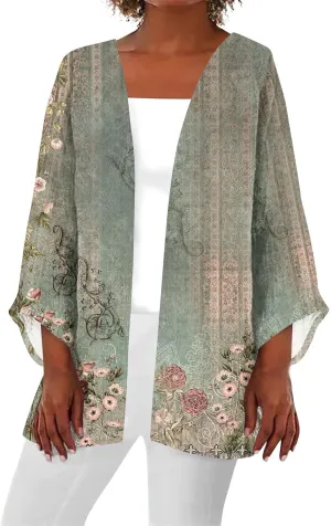 Cardigans for Women 2025 Retro Print 3/4 Sleeve Cardigans Lightweight Blouse Tops Coat Casual Duster Jackets