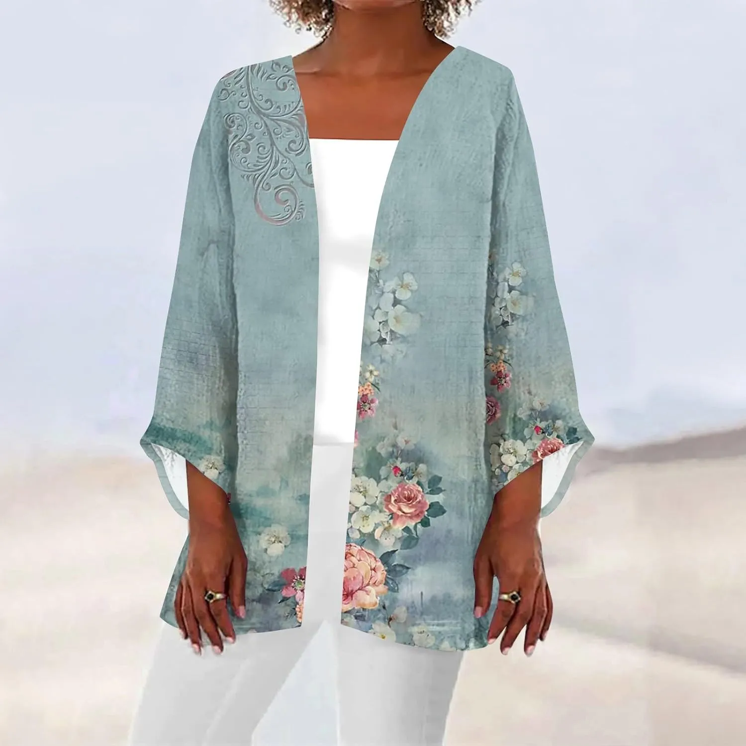 Cardigans for Women 2025 Retro Print 3/4 Sleeve Cardigans Lightweight Blouse Tops Coat Casual Duster Jackets