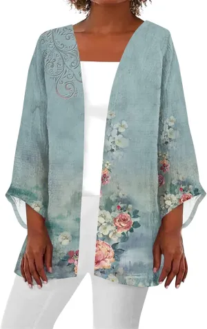 Cardigans for Women 2025 Retro Print 3/4 Sleeve Cardigans Lightweight Blouse Tops Coat Casual Duster Jackets