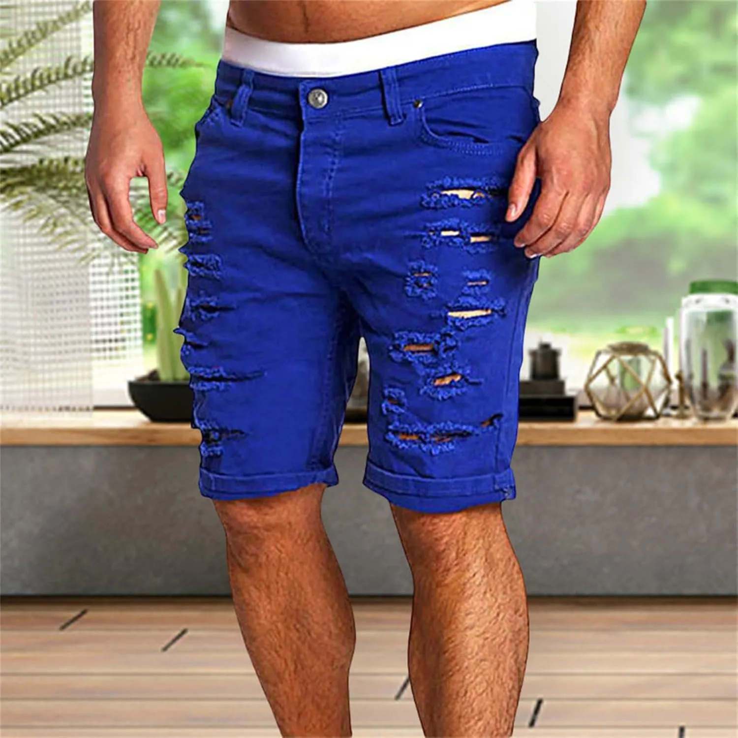 Casual Denim Shorts for Men Stretch Slim Fit Washed Distressed Hole Ripped Roll Up Hem Moto Biker Jean Shorts with Pockets
