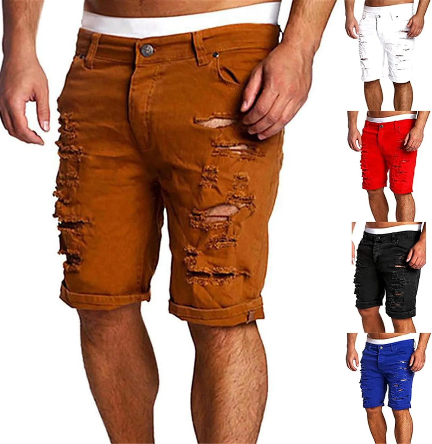 Casual Denim Shorts for Men Stretch Slim Fit Washed Distressed Hole Ripped Roll Up Hem Moto Biker Jean Shorts with Pockets