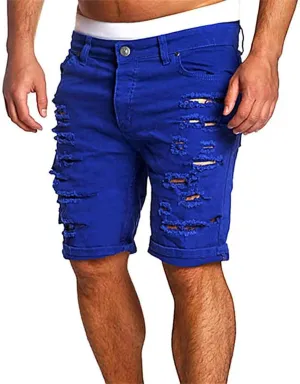Casual Denim Shorts for Men Stretch Slim Fit Washed Distressed Hole Ripped Roll Up Hem Moto Biker Jean Shorts with Pockets