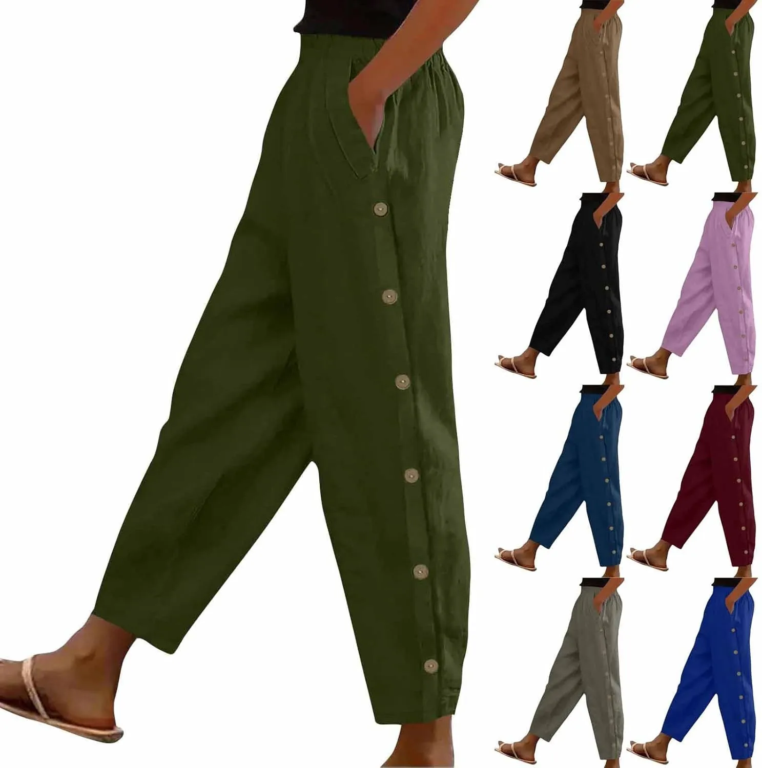 Casual Pants for Women Cotton Linen Harem Pants Elastic High Waist Pants Loose Fit Pants Summer Beach Pants Pockets