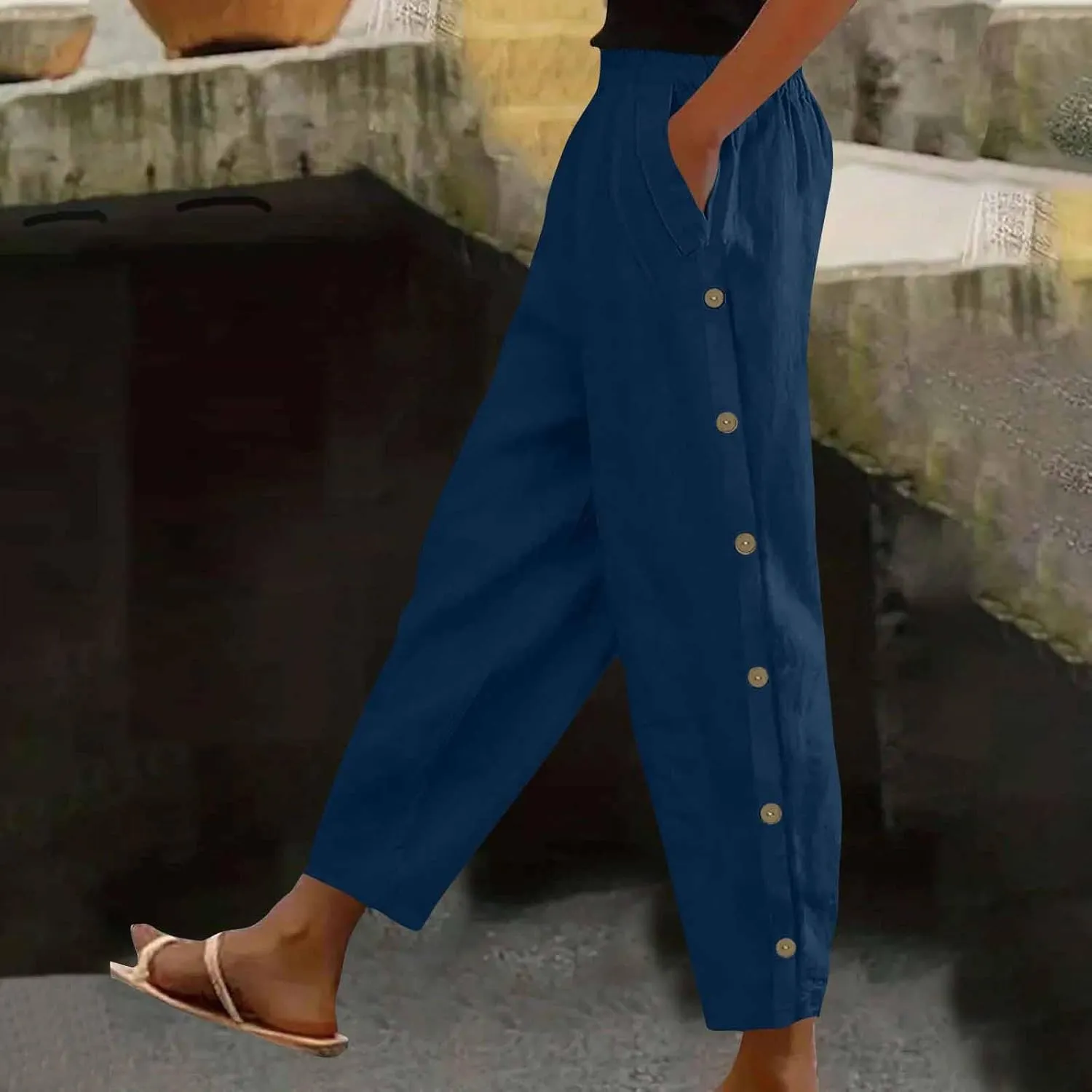Casual Pants for Women Cotton Linen Harem Pants Elastic High Waist Pants Loose Fit Pants Summer Beach Pants Pockets