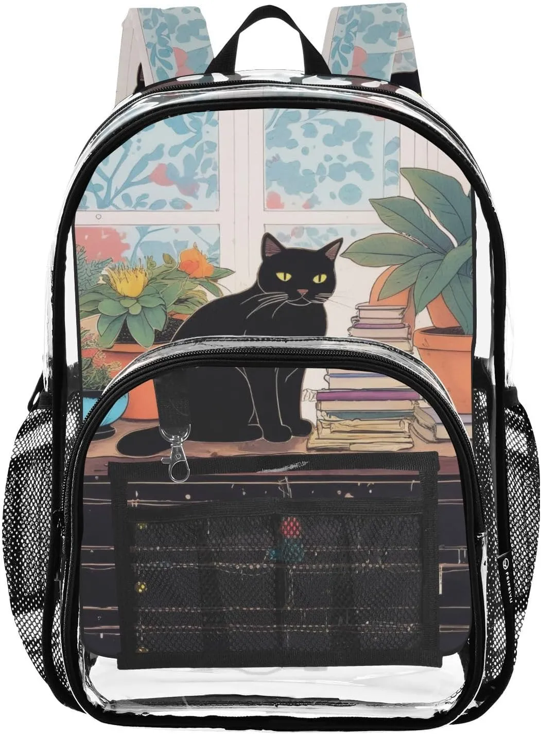 Cat on Closet Clear Backpack with Back Print, Heavy Duty See Through Backpacks PVC Transparent Daypack for Travel Security