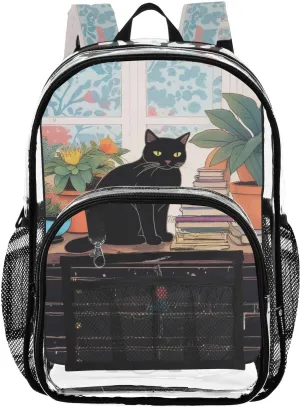 Cat on Closet Clear Backpack with Back Print, Heavy Duty See Through Backpacks PVC Transparent Daypack for Travel Security