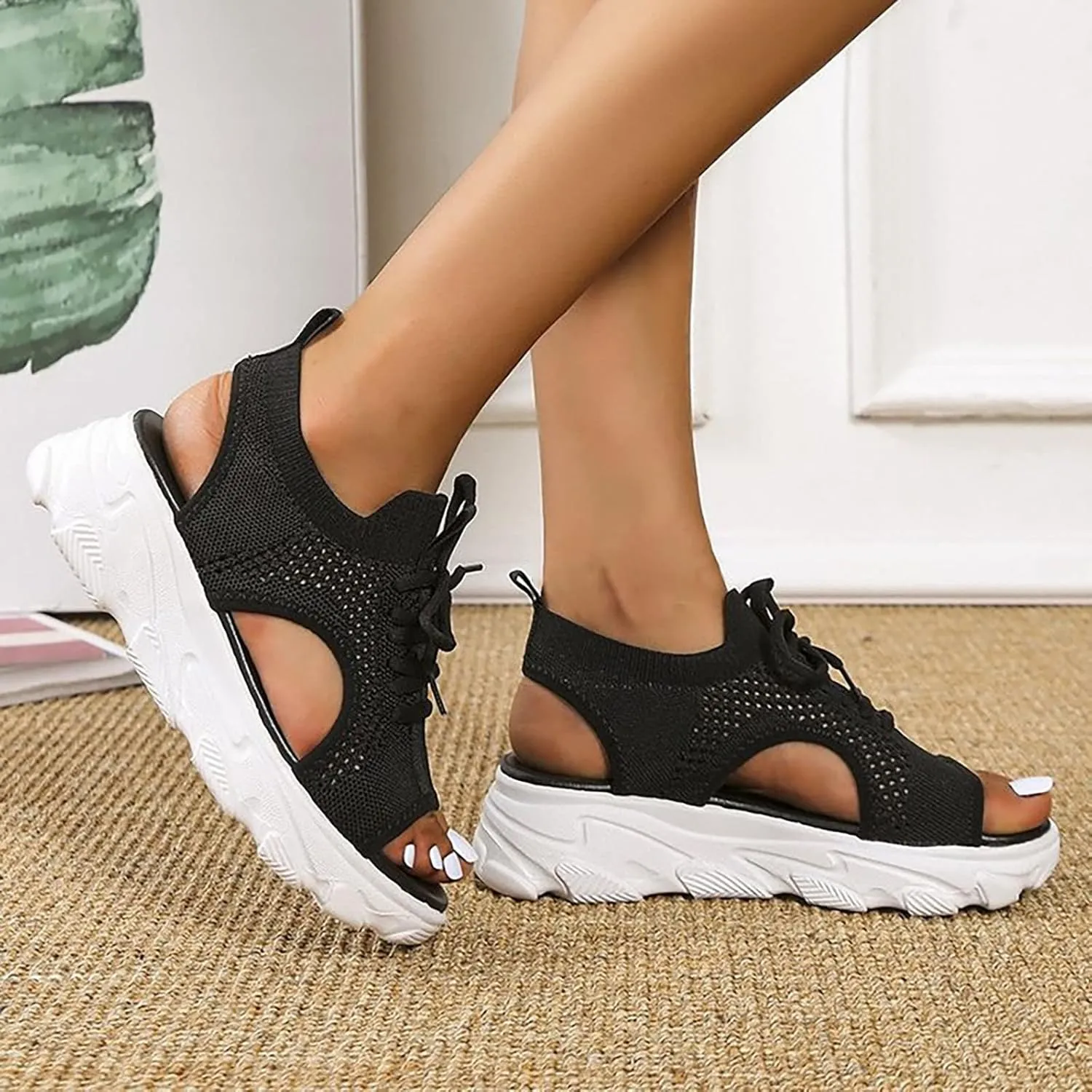 Cathalem Orthopedic Wedge Sandals for Women Summer Dressy Women Sandals Mesh Casual Thick Soled Lace Up Sandals Outdoor Shoes