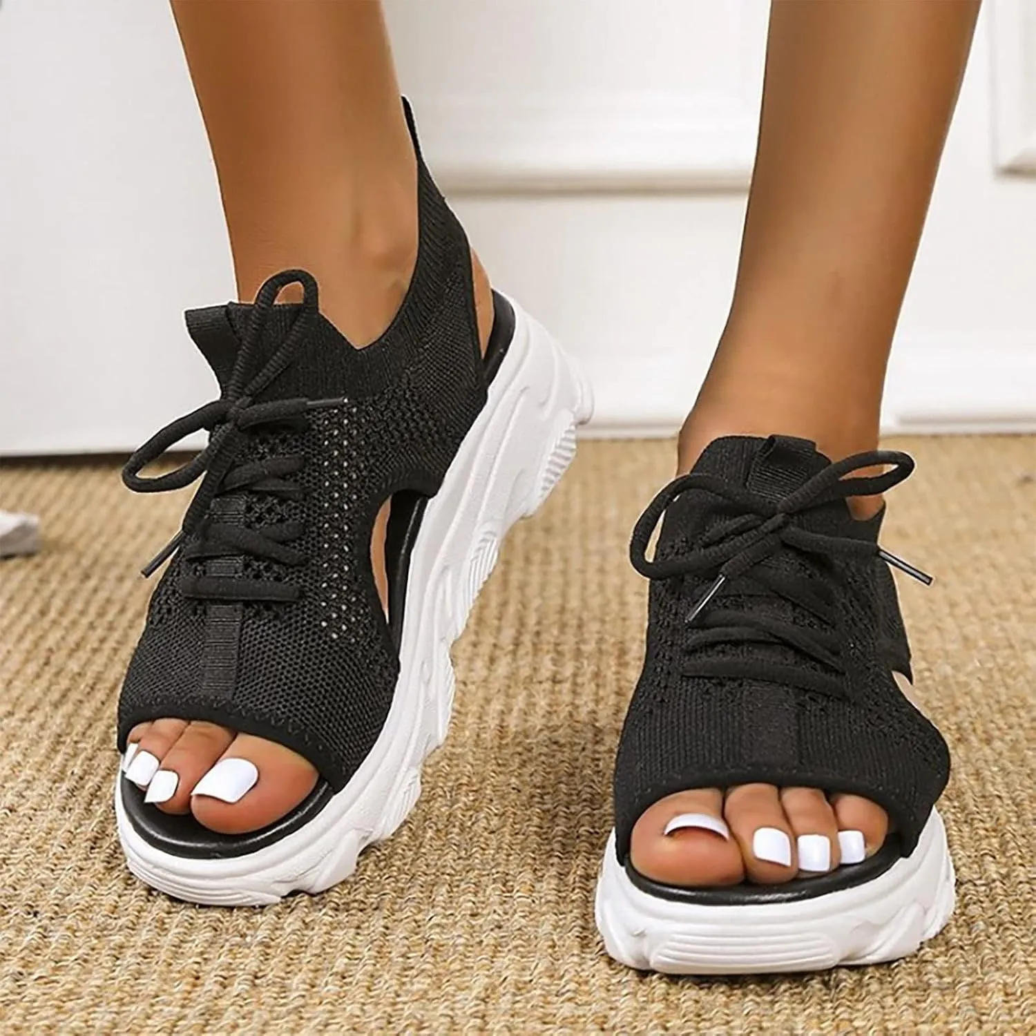 Cathalem Orthopedic Wedge Sandals for Women Summer Dressy Women Sandals Mesh Casual Thick Soled Lace Up Sandals Outdoor Shoes