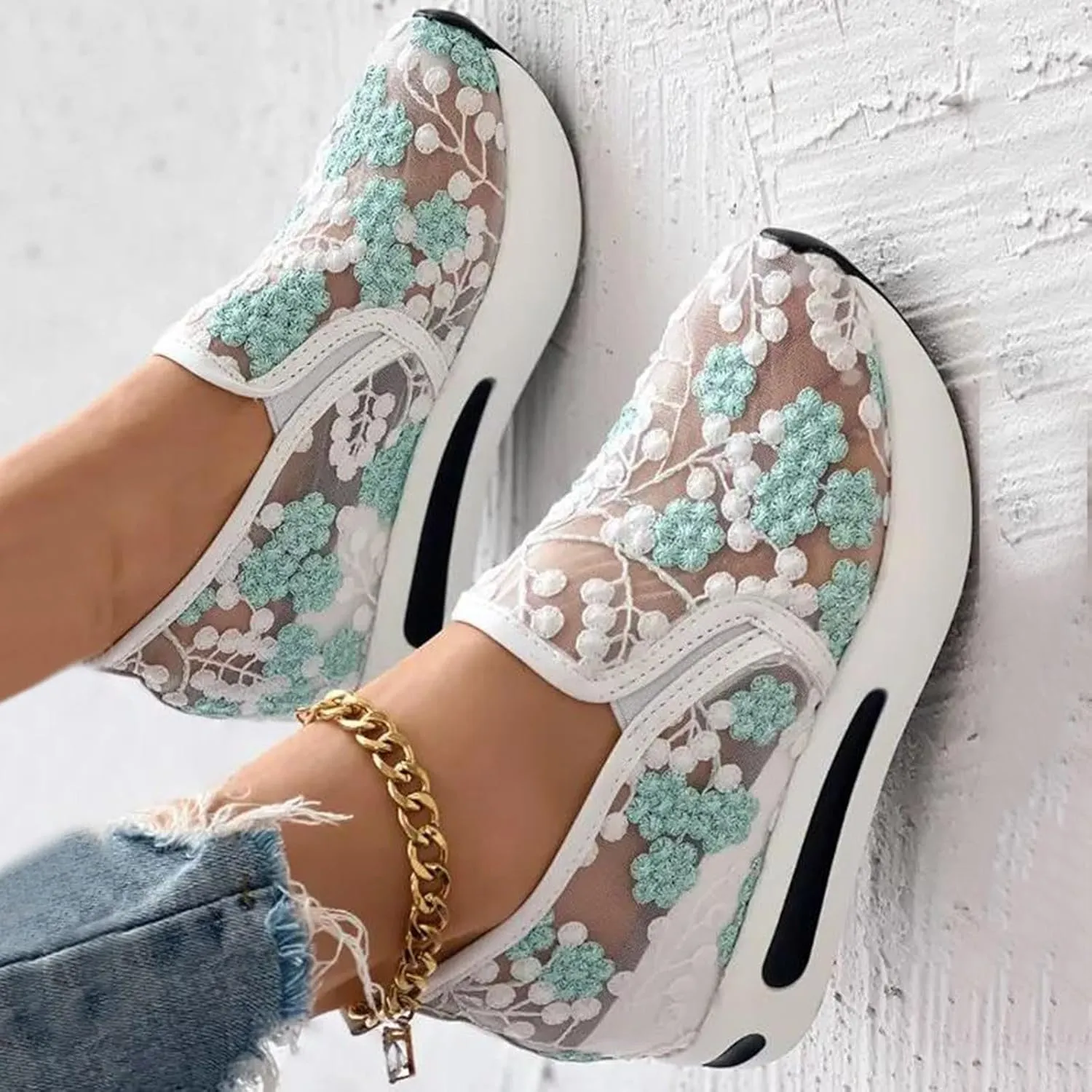 Cathalem Womens Orthopedic Sneakers Floral Embroidery Breathable Sheer Mesh Wedge Sneakers Slip On Platform Wedge Sneakers