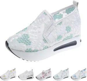 Cathalem Womens Orthopedic Sneakers Floral Embroidery Breathable Sheer Mesh Wedge Sneakers Slip On Platform Wedge Sneakers