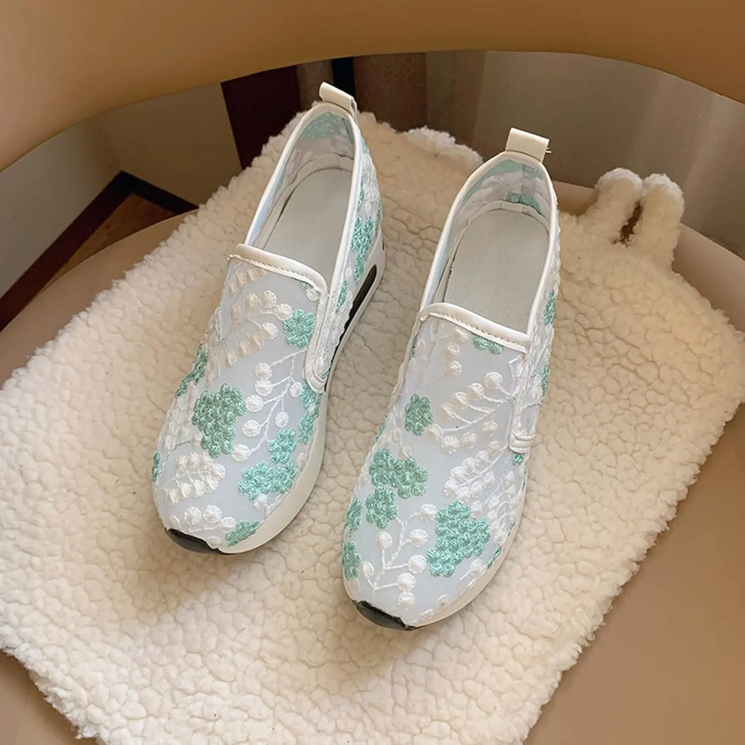 Cathalem Women's Walking Shoes Floral Embroidery Breathable Mesh Sneakers Slip On Sneakers Platform Wedge Sneakers
