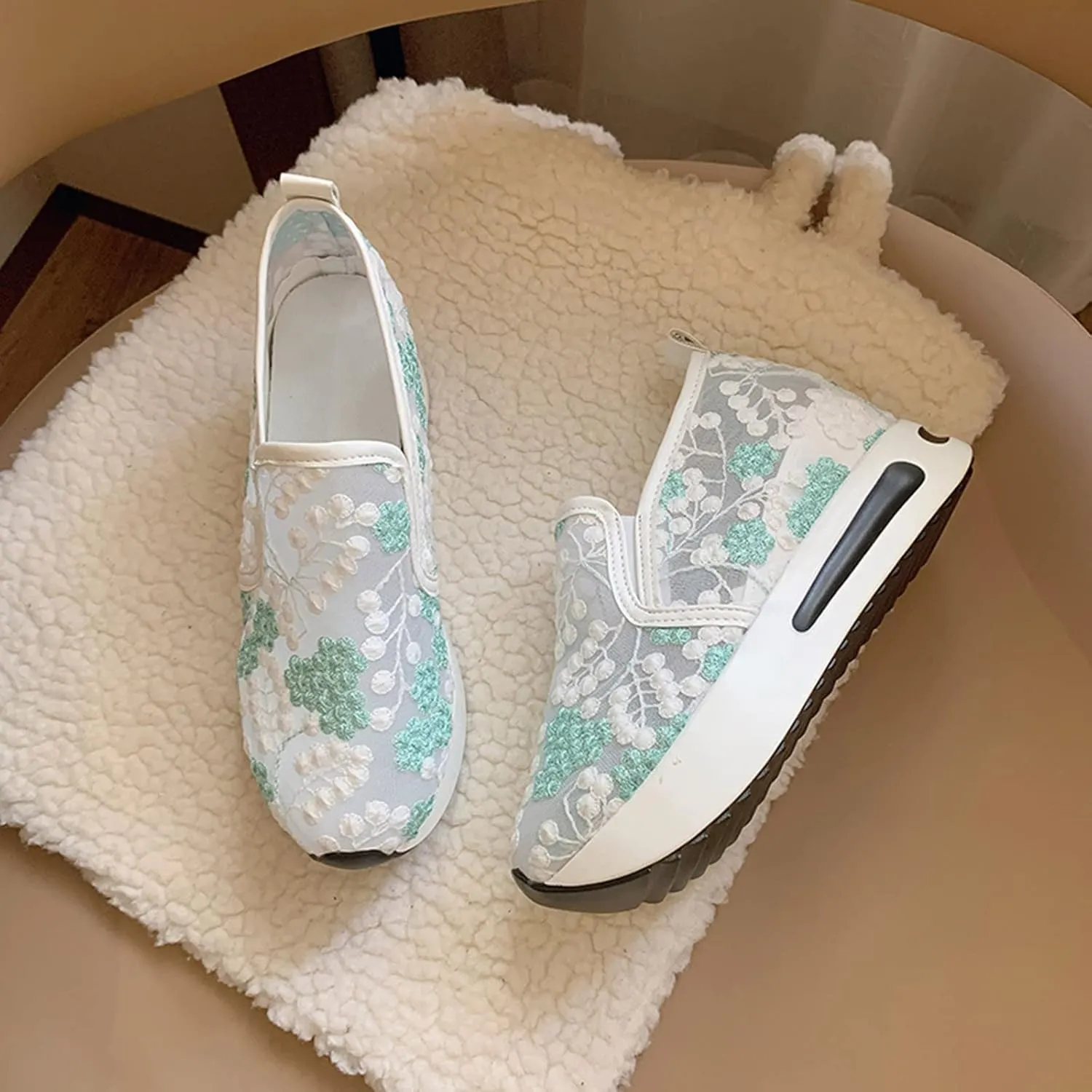 Cathalem Women's Walking Shoes Floral Embroidery Breathable Mesh Sneakers Slip On Sneakers Platform Wedge Sneakers