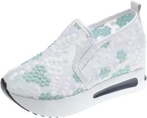 Cathalem Women's Walking Shoes Floral Embroidery Breathable Mesh Sneakers Slip On Sneakers Platform Wedge Sneakers