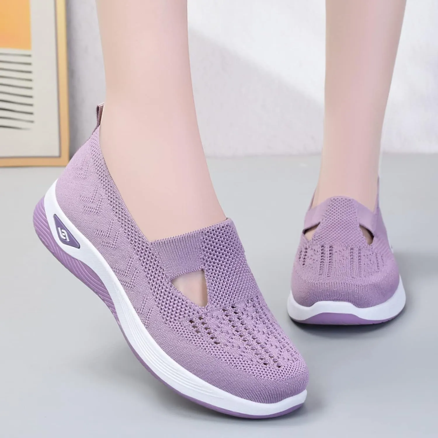 Cathalem Women's Woven Orthopedic Breathable Soft Shoes Hands Free Slip in Sneakers Go Walking Slip on Diabetic Foam Shoes