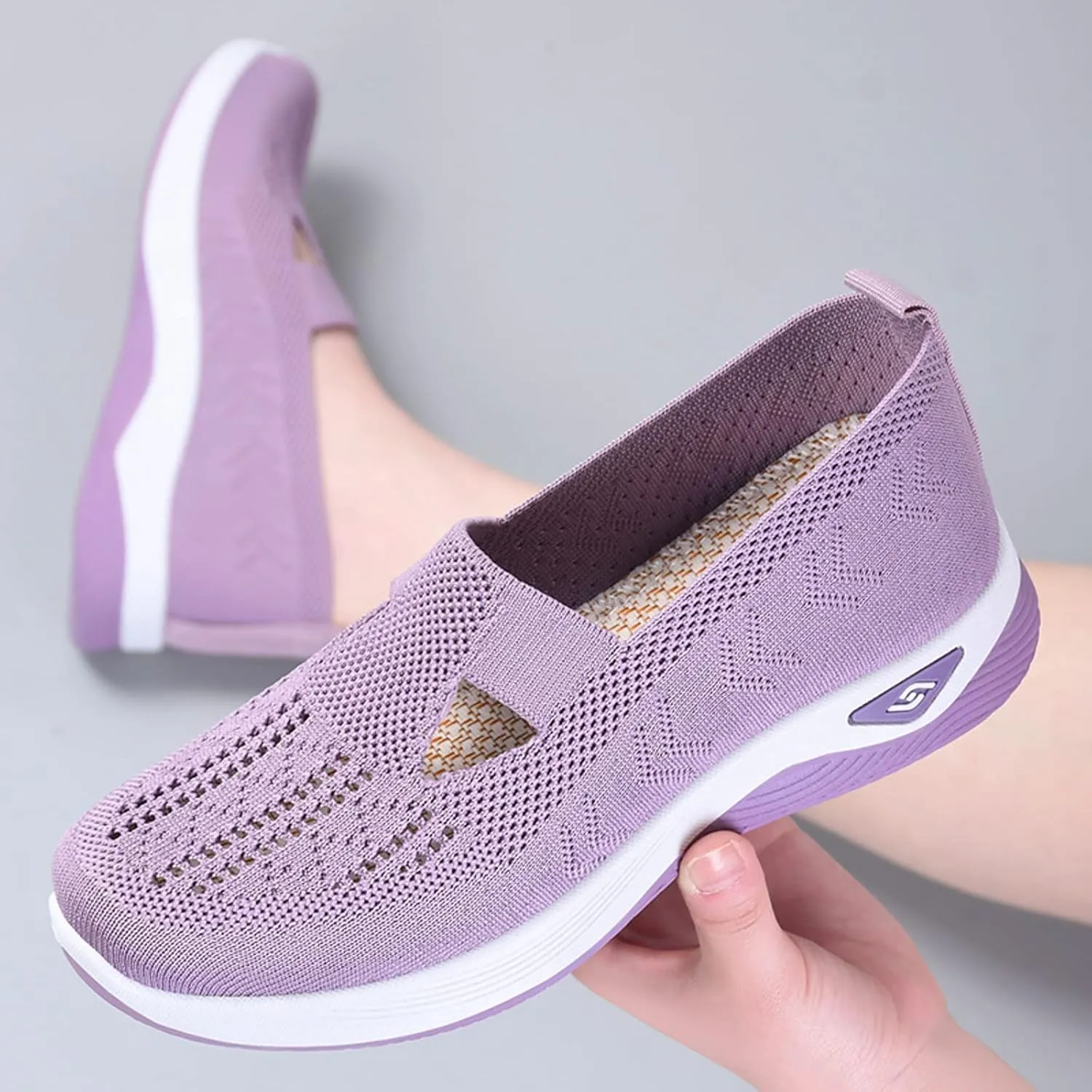 Cathalem Women's Woven Orthopedic Breathable Soft Shoes Hands Free Slip in Sneakers Go Walking Slip on Diabetic Foam Shoes