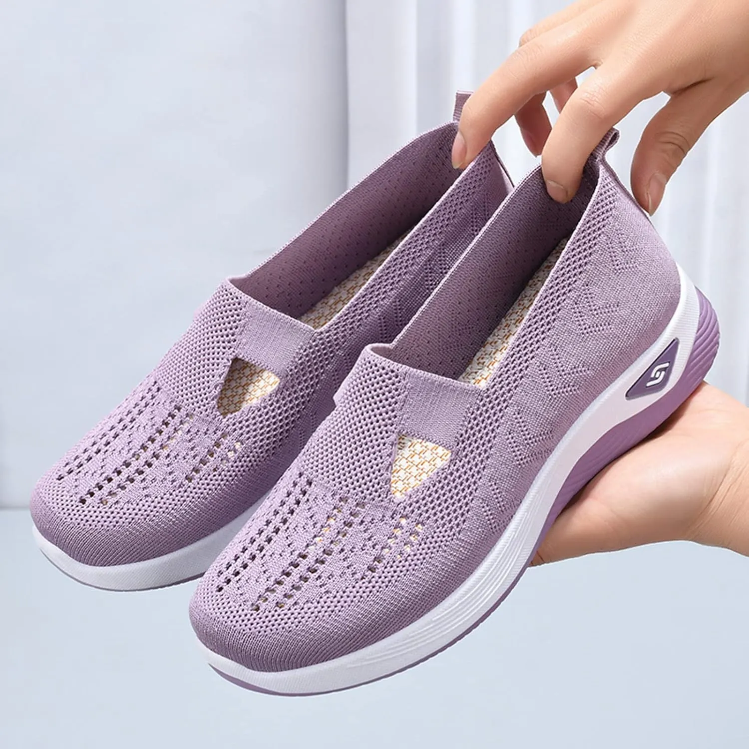 Cathalem Women's Woven Orthopedic Breathable Soft Shoes Hands Free Slip in Sneakers Go Walking Slip on Diabetic Foam Shoes