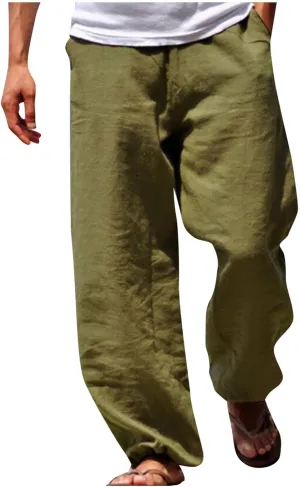 Cdiecer Linen Wide Leg Pants Men Summer Beach Pants Lightweight Baggy Pants Elastic Waist Drawstring Trousers Harem Pants