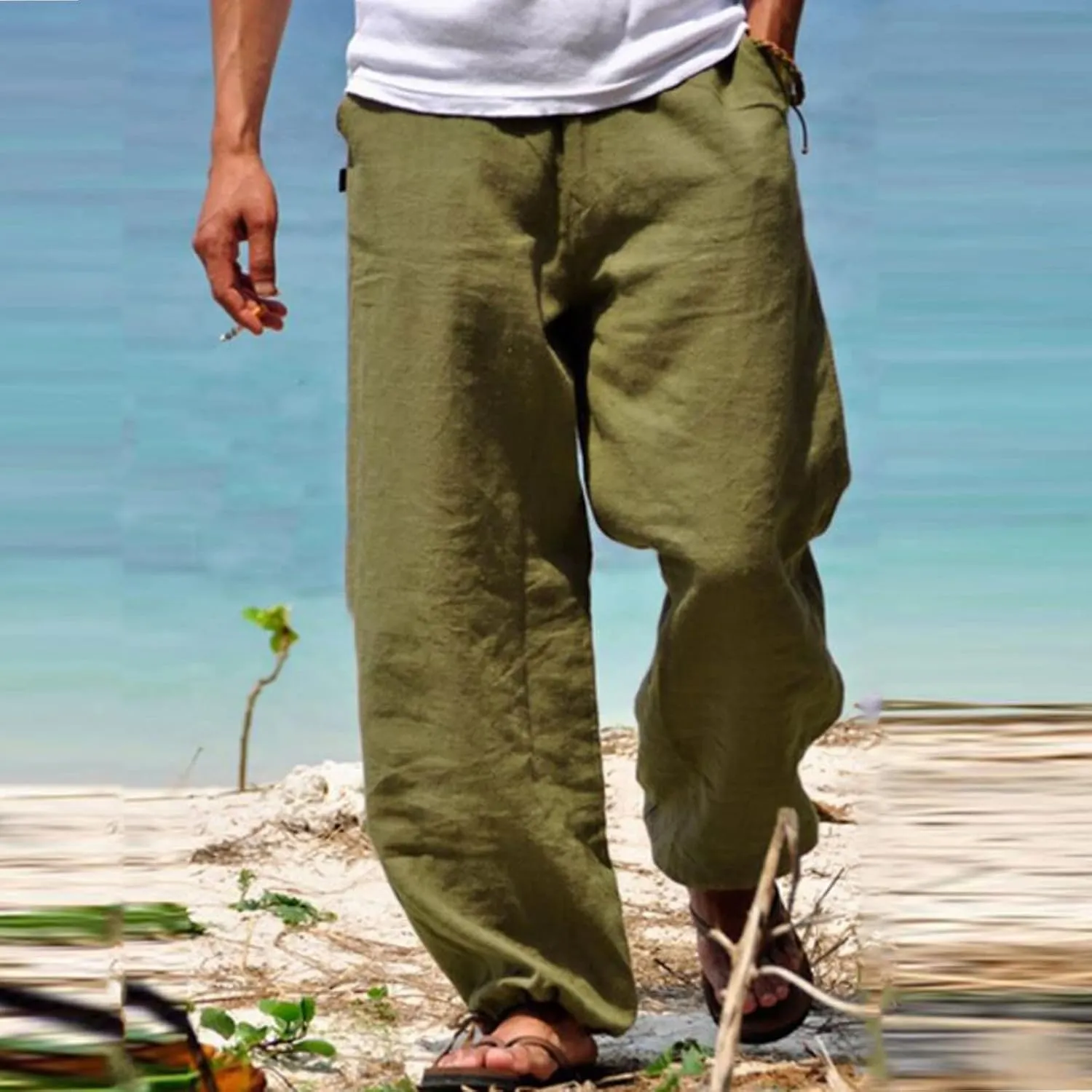 Cdiecer Linen Wide Leg Pants Men Summer Beach Pants Lightweight Baggy Pants Elastic Waist Drawstring Trousers Harem Pants