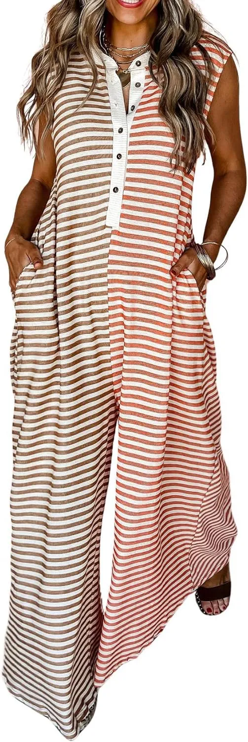 CHARTOU Loose Striped Wide Leg Jumpsuit for Women Summer Romper Flowy Pants Comfy Sleeveless Button Baggy Overalls