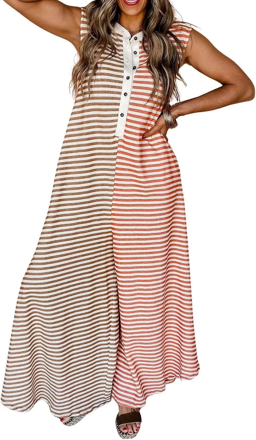 CHARTOU Loose Striped Wide Leg Jumpsuit for Women Summer Romper Flowy Pants Comfy Sleeveless Button Baggy Overalls