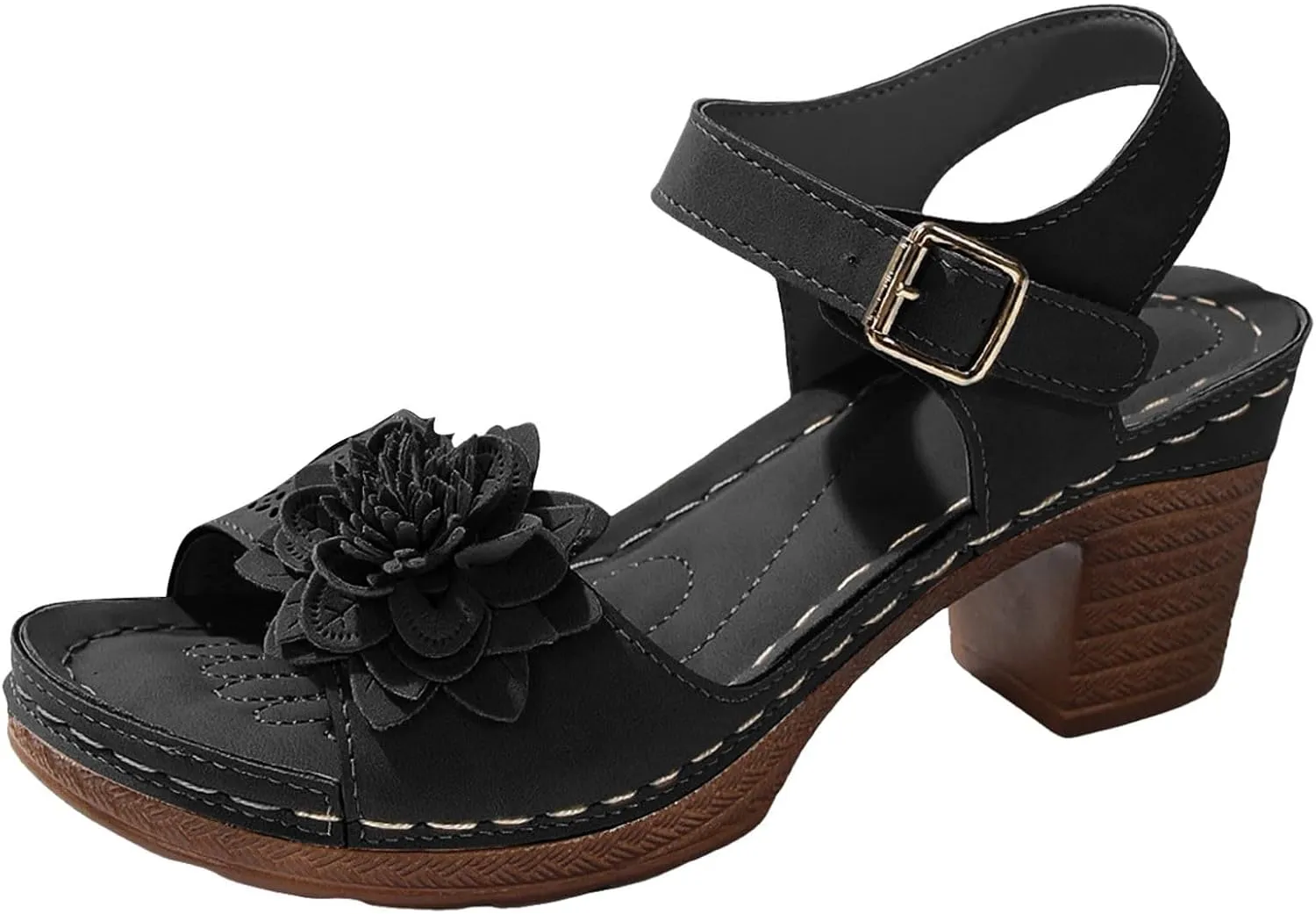 Chic Flowers Chunky Block Heels for Womens Bohemia Ankle Strap Platform Wedge Sandals Hollow Out Leather Sandals Work Office Dress Shoes