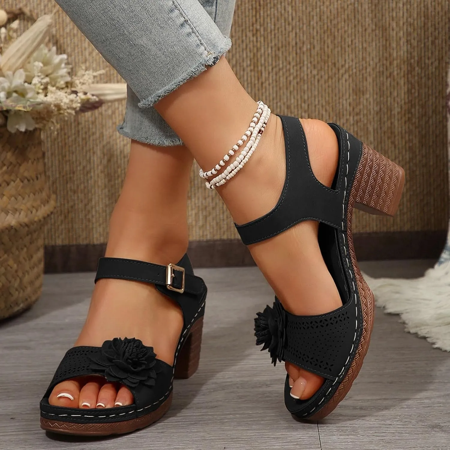 Chic Flowers Chunky Block Heels for Womens Bohemia Ankle Strap Platform Wedge Sandals Hollow Out Leather Sandals Work Office Dress Shoes