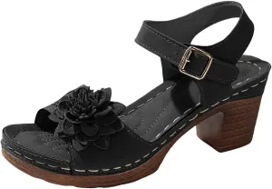 Chic Flowers Chunky Block Heels for Womens Bohemia Ankle Strap Platform Wedge Sandals Hollow Out Leather Sandals Work Office Dress Shoes