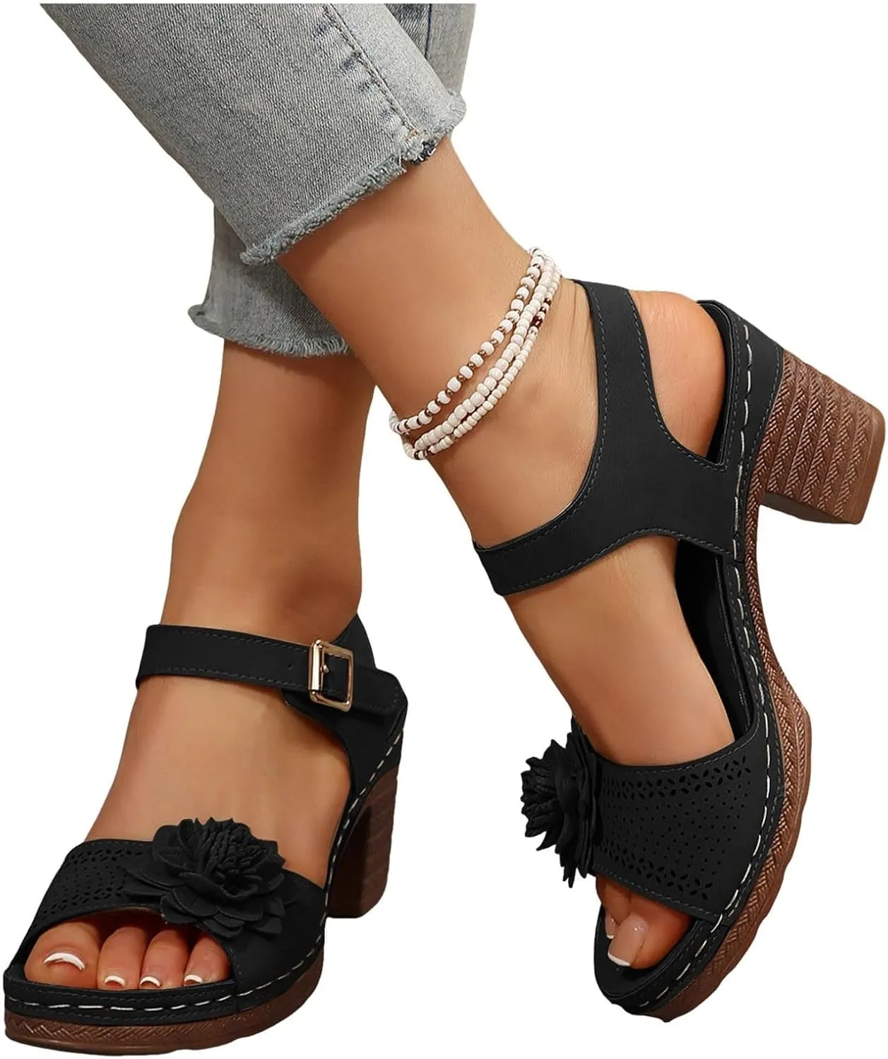 Chic Flowers Chunky Block Heels for Womens Bohemia Ankle Strap Platform Wedge Sandals Hollow Out Leather Sandals Work Office Dress Shoes