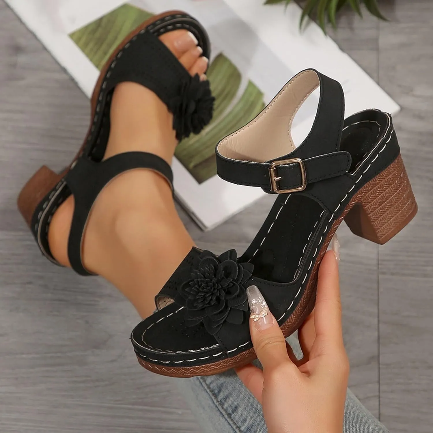 Chic Flowers Chunky Block Heels for Womens Bohemia Ankle Strap Platform Wedge Sandals Hollow Out Leather Sandals Work Office Dress Shoes