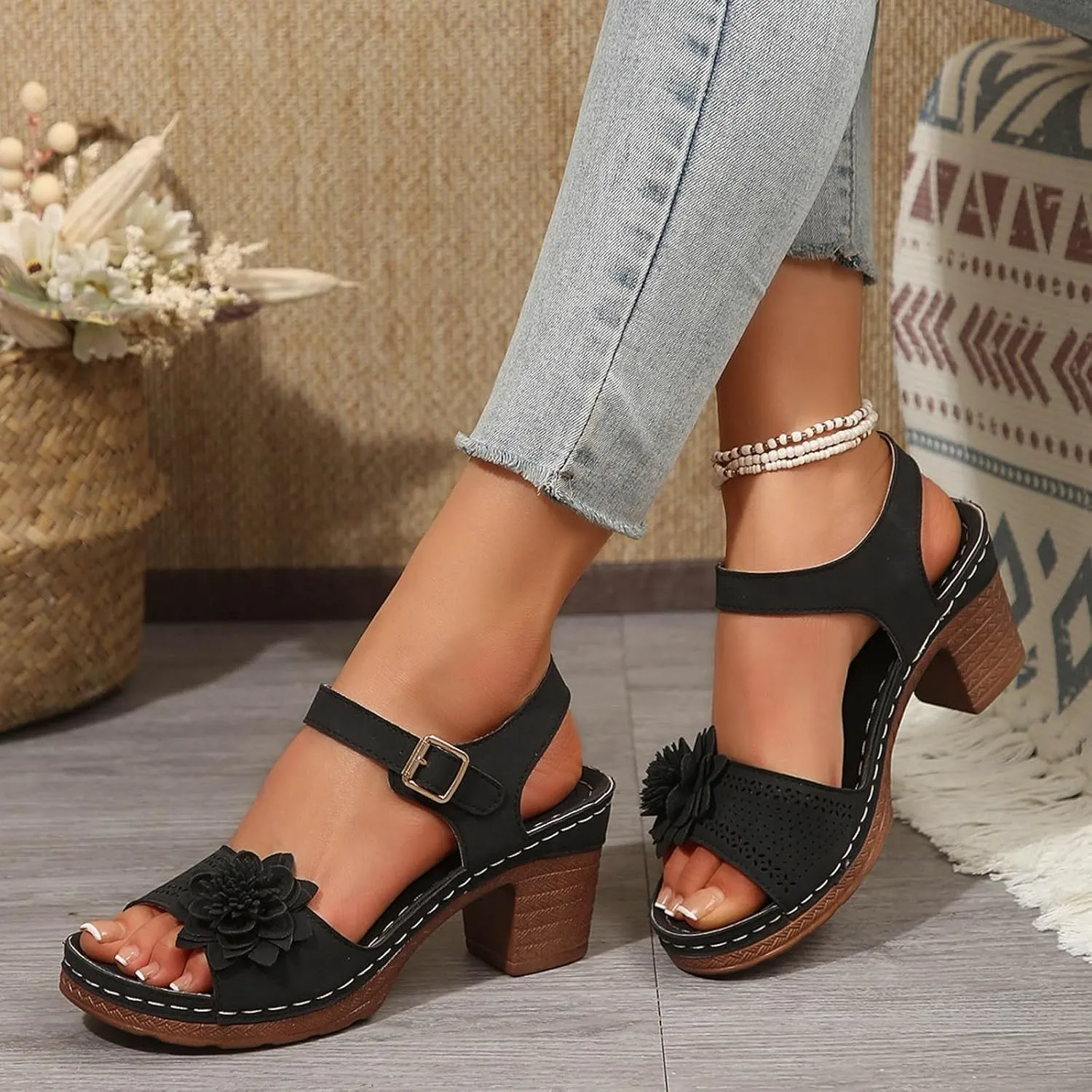 Chic Flowers Chunky Block Heels for Womens Bohemia Ankle Strap Platform Wedge Sandals Hollow Out Leather Sandals Work Office Dress Shoes