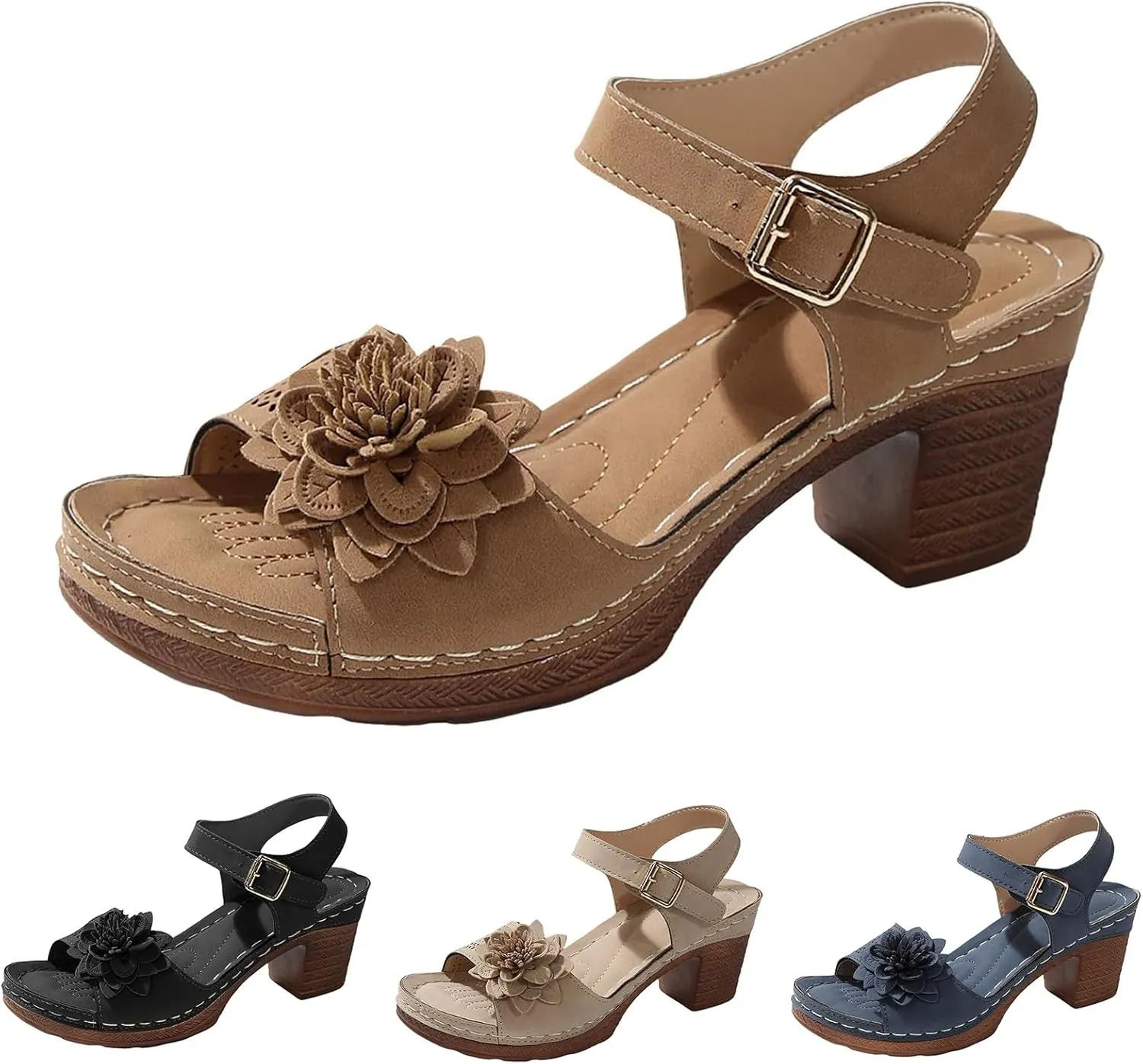 Chic Flowers Chunky Block Heels for Womens Bohemia Ankle Strap Platform Wedge Sandals Hollow Out Leather Sandals Work Office Dress Shoes