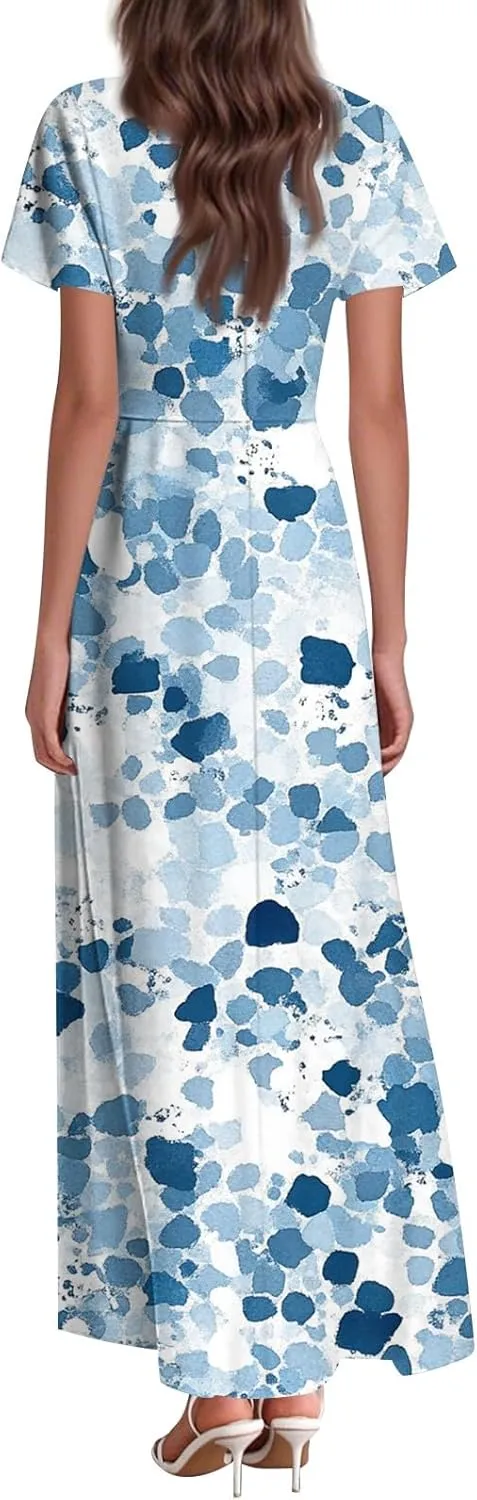Chiffon Dresses for Women Swing Flowy Ruffle Hem Swing Dress Casual Summer Flutter Sleeve V Neck Beach Long Dresses