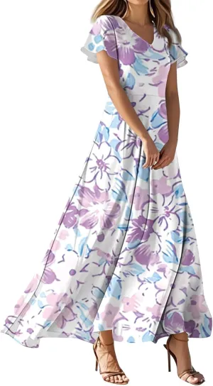 Chiffon Dresses for Women Swing Flowy Ruffle Hem Swing Dress Casual Summer Flutter Sleeve V Neck Beach Long Dresses