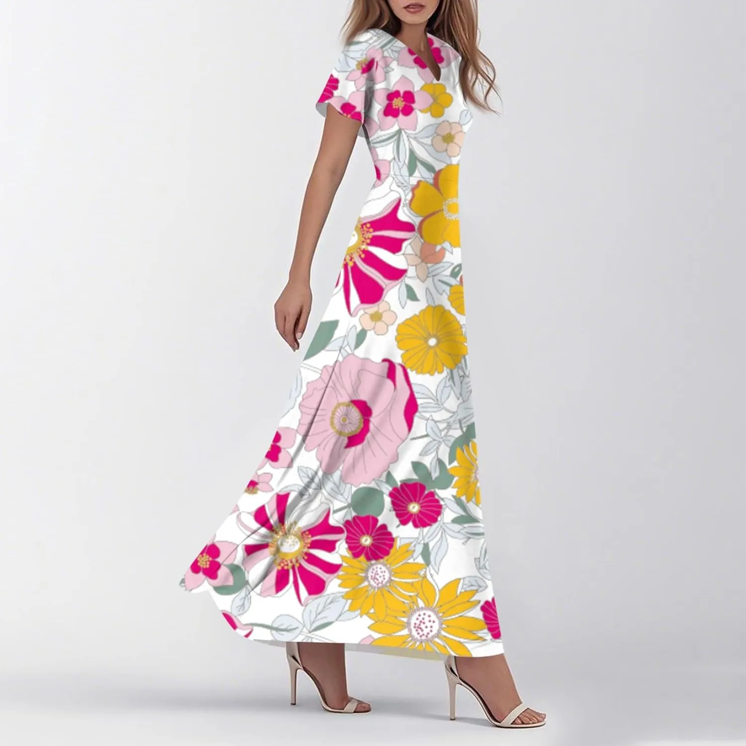 Chiffon Dresses for Women Swing Flowy Ruffle Hem Swing Dress Casual Summer Flutter Sleeve V Neck Beach Long Dresses