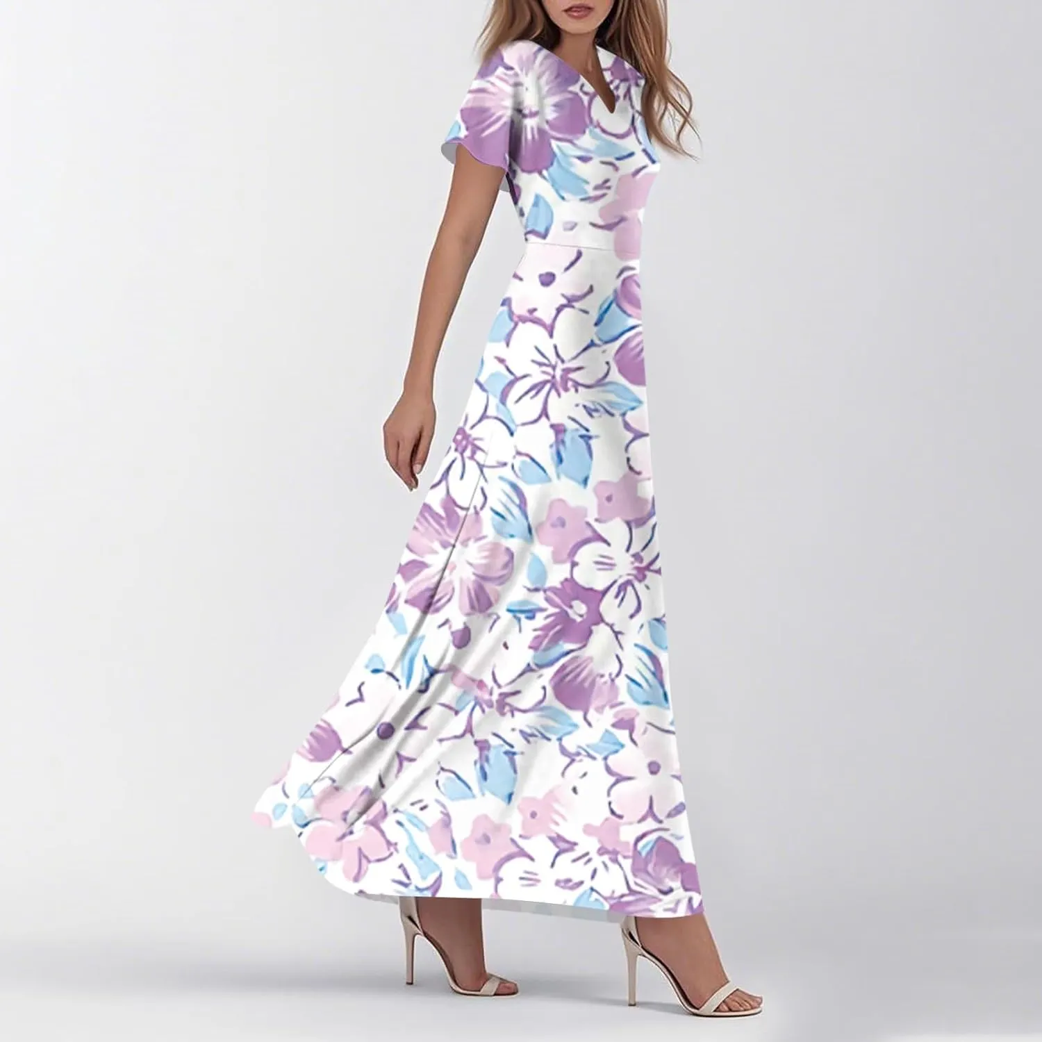 Chiffon Dresses for Women Swing Flowy Ruffle Hem Swing Dress Casual Summer Flutter Sleeve V Neck Beach Long Dresses