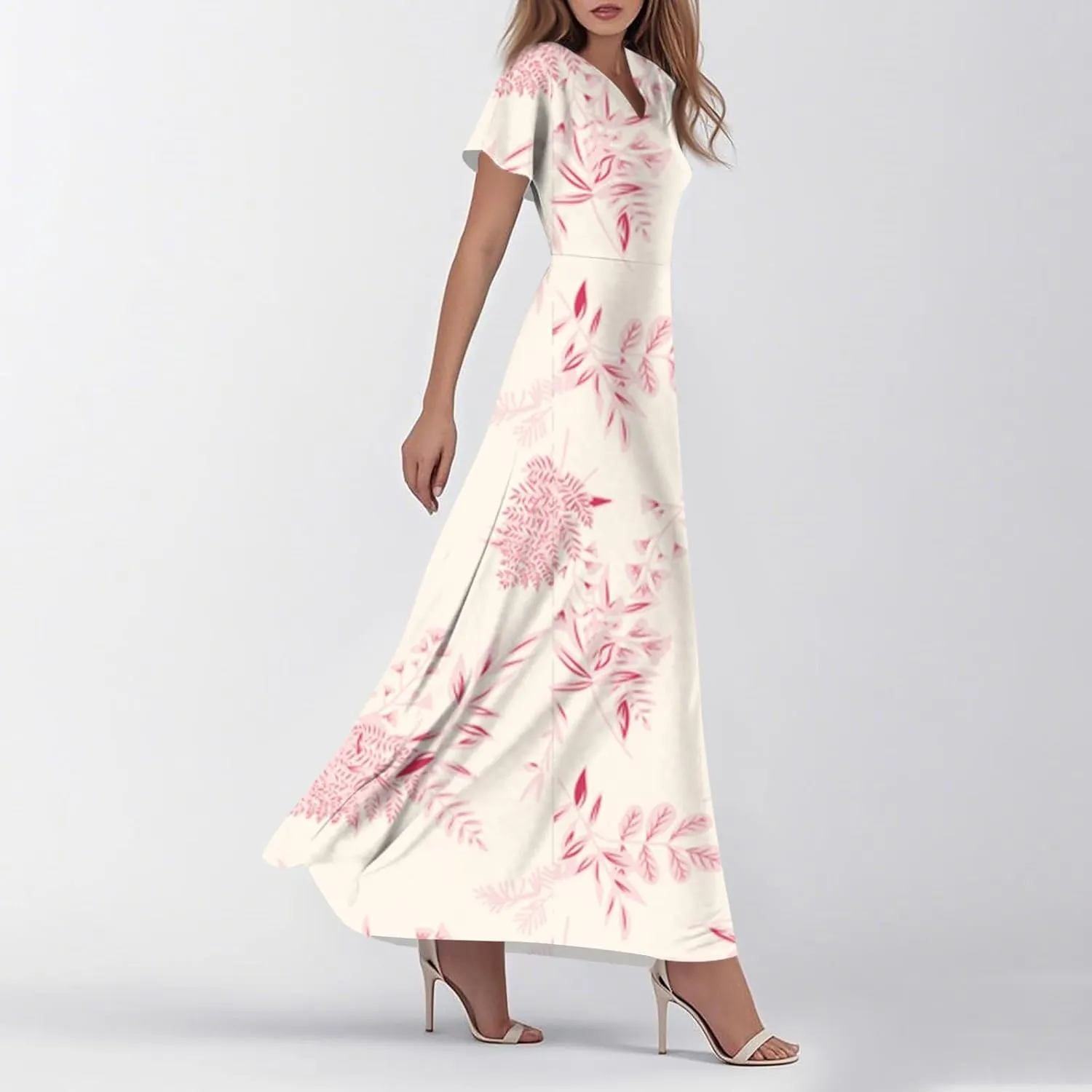Chiffon Dresses for Women Swing Flowy Ruffle Hem Swing Dress Casual Summer Flutter Sleeve V Neck Beach Long Dresses